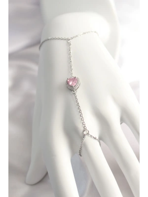 316L Çelik Gümüş Renk Pembe Zirkon Taşlı Kalp Şahmeran