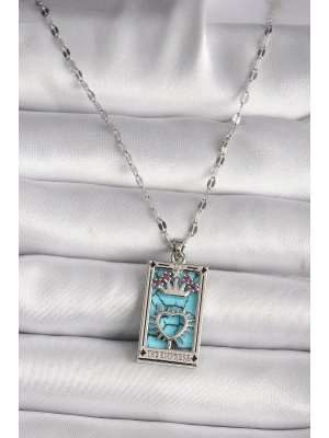 316L Çelik Gümüş Renk Pembe Zirkon Taşlı Taç Kalp Portre Model Kadın Kole