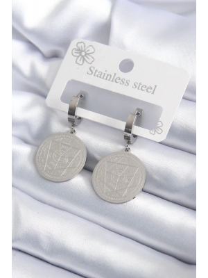 316L Çelik Gümüş Renk Pentagram İşleme Model Kadın Küpe