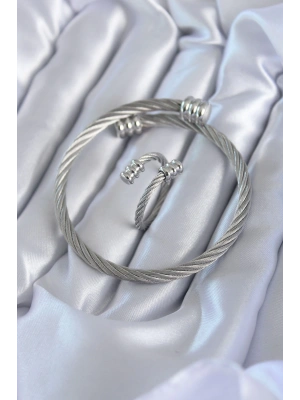 316L Çelik Gümüş Renk Sarmal Model Erkek Bileklik Yüzük Kombini