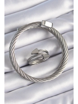 316L Çelik Gümüş Renk Sarmal Model Erkek Bileklik Yüzük Kombini