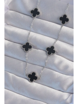 316L Çelik Gümüş Renk Siyah Mineli Yonca Kolye