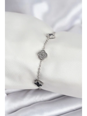 316L Çelik Gümüş Renk Siyah ve Zirkon Taşlı Baby Boy Yonca Kadın Bileklik