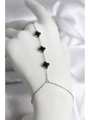 316L Çelik Gümüş Renk Siyah Yonca Model Kadın Şahmeran