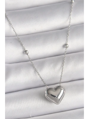 316L Çelik Gümüş Renk Topçuk Detay Zincir Kalp Model Kadın Kolye