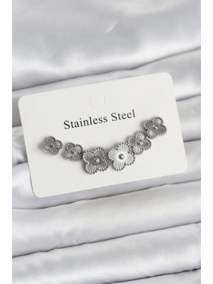 316L Çelik Gümüş Renk Yonca Küpe Seti