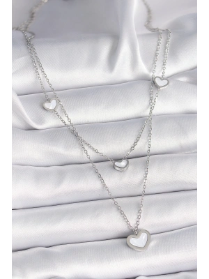 316L Çelik Gümüş Renk Zincir 2Li Zincir Kalp Model Kadın Kolye