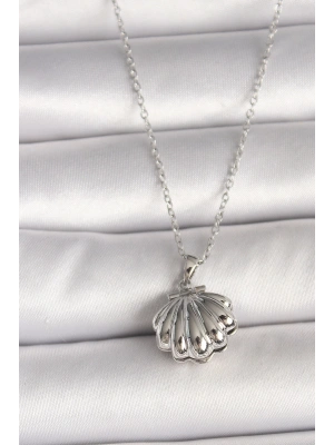 316L Çelik Gümüş Renk Zincir Açılır İncili Midye Model Kadın Kolye