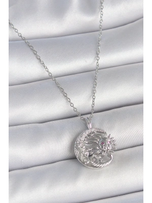 316L Çelik Gümüş Renk Zincir Ay Güneş Model Zirkon Taş Detay Kadın Kolye