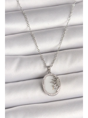 316L Çelik Gümüş Renk Zincir Beyaz Mineli Gün Batımı Model Zirkon Taş Detaylı Kadın Kolye