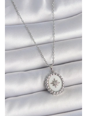 316L Çelik Gümüş Renk Zincir Beyaz Mineli Kutup Yıldız İşlemeli Madalyon Model Kadın Kolye