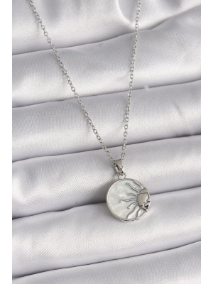 316L Çelik Gümüş Renk Zincir Beyaz Sedefli Gün Batımı Model Kadın Kolye