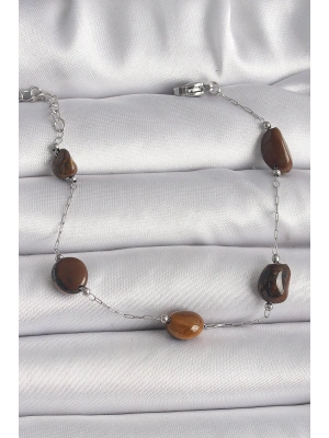 316L Çelik Gümüş Renk Zincir Kahverengi Doğaltaş Model Kadın Bileklik