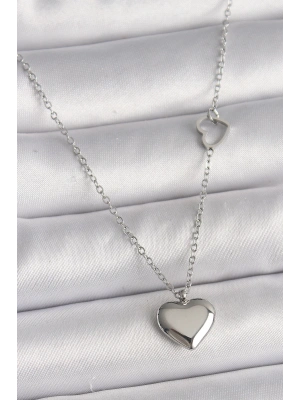 316L Çelik Gümüş Renk Zincir Kalp Detay Kalp Figür Kadın Kolye