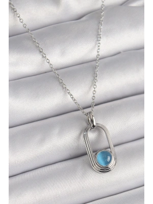 316L Çelik Gümüş Renk Zincir Mavi Kedi Göz Model Kadın Kolye