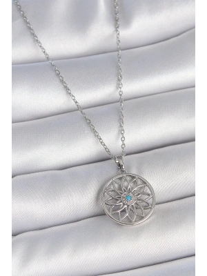 316L Çelik Gümüş Renk Zincir Mavi Taşlı Lotus Model Kadın Kolye