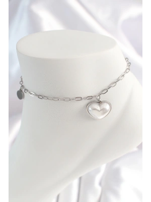 316L Çelik Gümüş Renk Zincir Model 3D Kalp Beyaz Kalp Figür Kadın HalHal