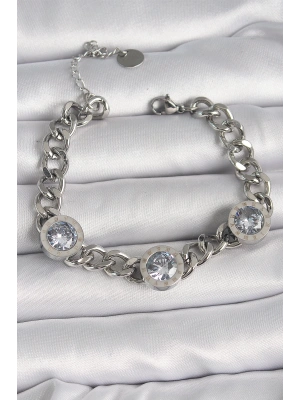 316L Çelik Gümüş Renk Zincir Model Zirkon Taşlı İşleme Detaylı Kadın Bileklik
