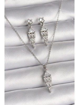 316L Çelik Gümüş Renk Zincir Sallantı Zirkon Taş Model Kadın Kolye Küpe Seti