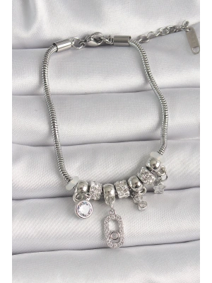 Pirinç Gümüş Renk Zincir Sallantı Zirkon Taşlı Messika Figür Yıldız Detay Kadın Bileklik