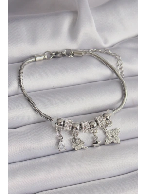 Pirinç Gümüş Renk Zincir Sallantı Zirkon Taşlı Yonca Figür Charm Bileklik