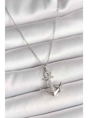 316L Çelik Gümüş Renk Zincir Zirkon Taş Detaylı Çapa Model Kadın Kolye