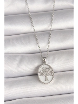 316L Çelik Gümüş Renk Zincir Zirkon Taş İşlemeli Beyaz Mineli Ağaç İşlemeli Portre Model Kadın Kolye