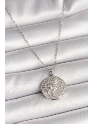 316L Çelik Gümüş Renk Zincir Zirkon Taşlı Ay Güneş İşlemeli Madalyon Model Kadın Kolye