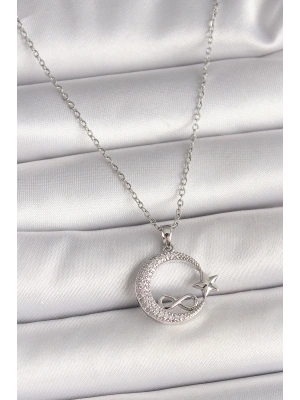 316L Çelik Gümüş Renk Zincir Zirkon Taşlı Ay Yıldız Model Sonsuzluk Detay Kadın Kolye