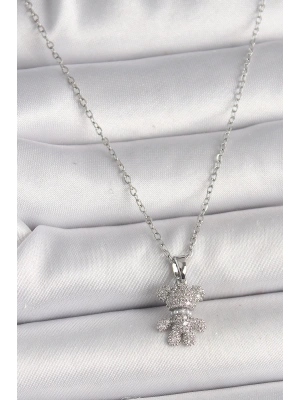 316L Çelik Gümüş Renk Zincir Zirkon Taşlı Ayıcık Figür Kadın Kolye