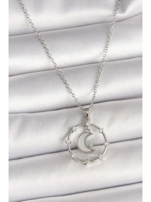 316L Çelik Gümüş Renk Zincir Zirkon Taşlı Beyaz Mineli Hilal Model Kadın Kolye