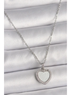 316L Çelik Gümüş Renk Zincir Zirkon Taşlı Beyaz Mineli Kalp Model Kadın Kolye