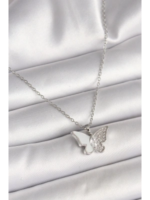 316L Çelik Gümüş Renk Zincir Zirkon Taşlı Beyaz Mineli Kelebek Model Kadın Kolye
