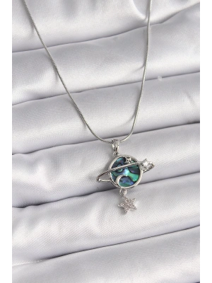 316L Çelik Gümüş Renk Zincir Zirkon Taşlı Gezegen Model Kadın Kolye