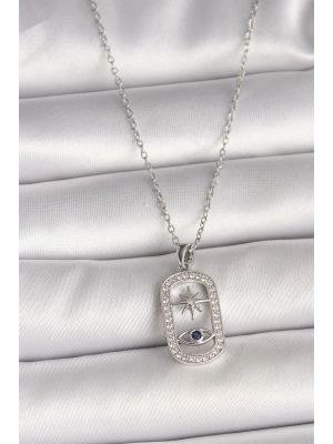 316L Çelik Gümüş Renk Zincir Zirkon Taşlı Göz Yıldız Model Kadın Kolye