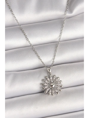 316L Çelik Gümüş Renk Zincir Zirkon Taşlı Güneş Model Kadın Kolye