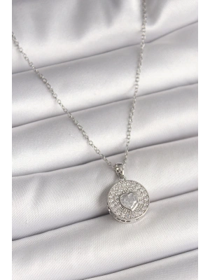316L Çelik Gümüş Renk Zincir Zirkon Taşlı Kalp İşlemeli Madalyon Model Kadın Kolye