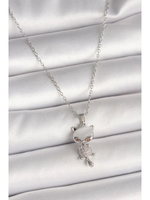 316L Çelik Gümüş Renk Zincir Zirkon Taşlı Kedi Model Kadın Kolye