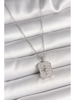 316L Çelik Gümüş Renk Zincir Zirkon Taşlı Kutup Yıldız İşlemeli Madalyon Model Kadın Kolye