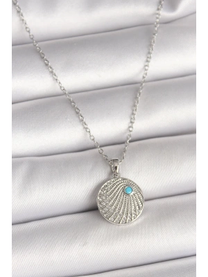 316L Çelik Gümüş Renk Zincir Zirkon Taşlı Mavi Taş Detaylı Madalyon Model Kadın Kolye