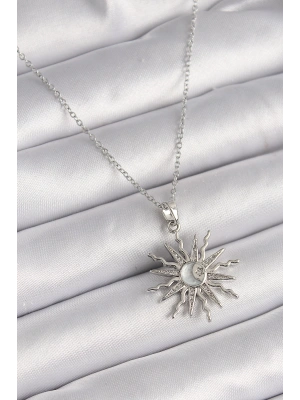 316L Çelik Gümüş Renk Zincir Zirkon Taşlı Güneş Model Sedefli Ay İşleme Detay Kadın Kolye