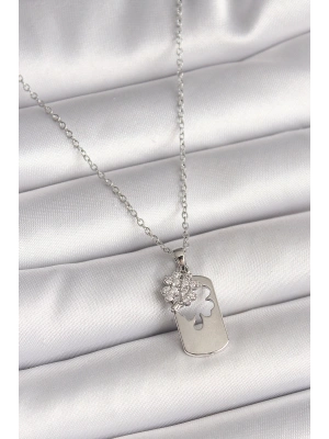 316L Çelik Gümüş Renk Zincir Zirkon Taşlı Yonca Model Kadın Kolye