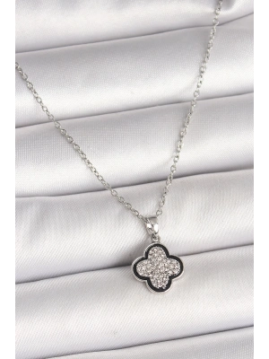 316L Çelik Gümüş Renk Zincir Zirkon Taşlı Yonca Model Kadın Kolye