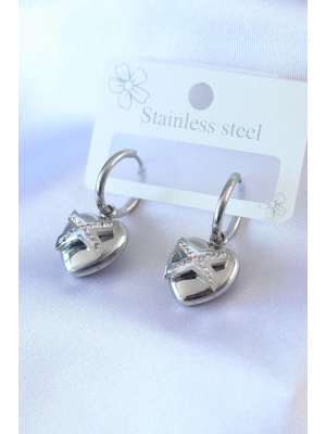 316L Çelik Gümüş Renk Zirkon Taş Detay Kalp Model Kadın Küpe