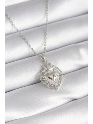 316L Çelik Gümüş Renk Zirkon Taş Detay Taç Kalp Model Kadın Kolye