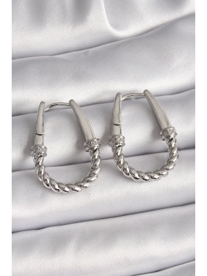 316L Çelik Gümüş Renk Zirkon Taş Detaylı Burma Halka Model Kadın Küpe