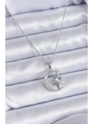 316L Çelik Gümüş Renk Zirkon Taşlı Ay Yıldız Model Kadın Kolye