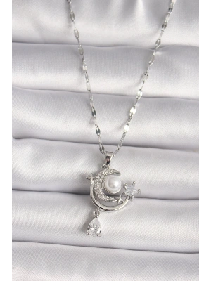 316L Çelik Gümüş Renk Zirkon Taşlı Ay Yıldız Sallantı Detay Kadın Kolye
