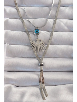 316L Çelik Gümüş Renk Zirkon Taşlı Göz Detay Nazarlı Uzun Asansör Model Kolye