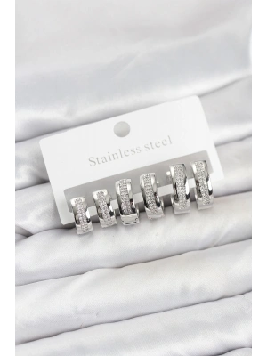 316L Çelik Gümüş Renk Zirkon Taşlı Halka Küpe Seti